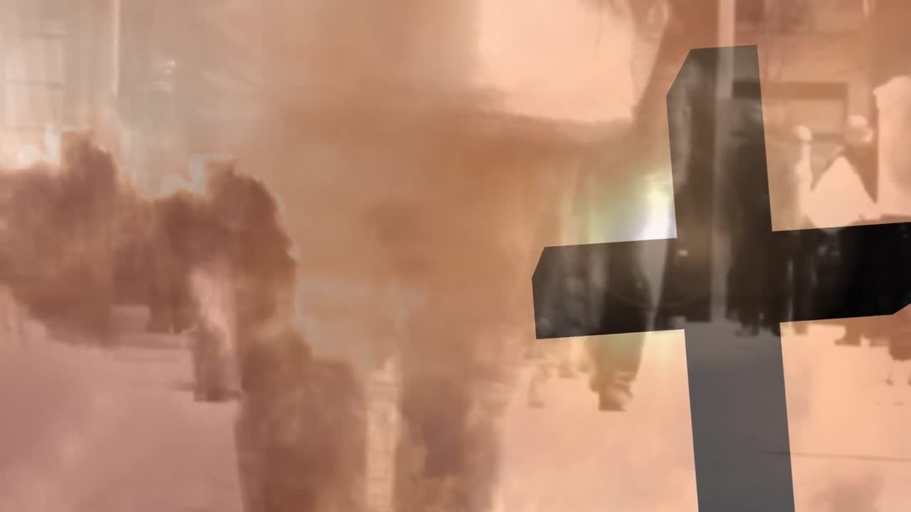 거리를 걸어다니는 사람들 위에서 십자가와 해가 지는 애니메이션