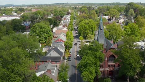 Aerial-establishing-shot-of-Lititz-Pennsylvania