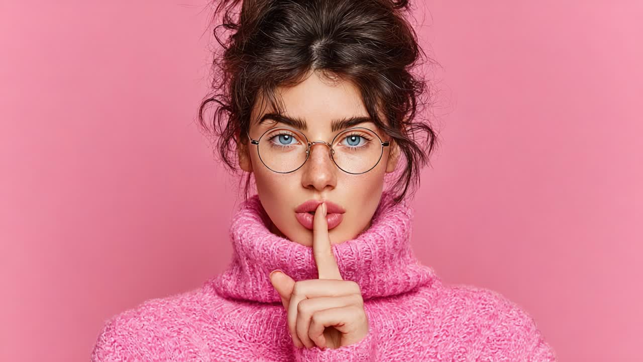 A Stylish Young Woman in a Cozy Pink Sweater Exudes Confidence and Mystery While Gesturing for Silence Against a Soft Pink Background