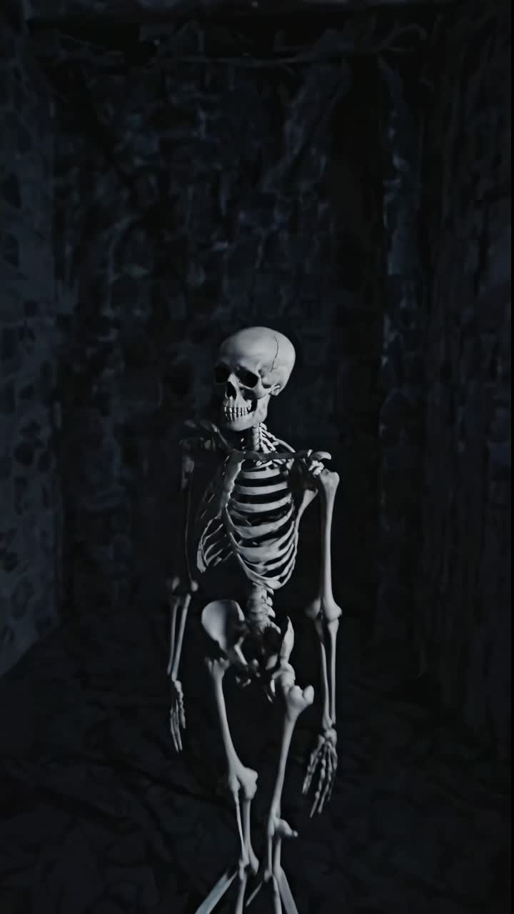 A spooky video concept featuring a skeleton in a dimly lit stone corridor
