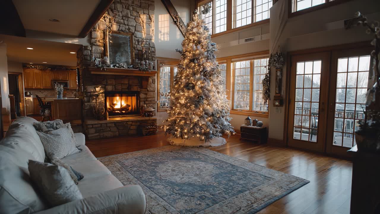 A Cozy Winter Wonderland: A Stunning Living Room Decorated with a Beautifully Adorned Christmas Tree and a Warm Fire, Perfect for Holiday Gatherings and Festive Cheer