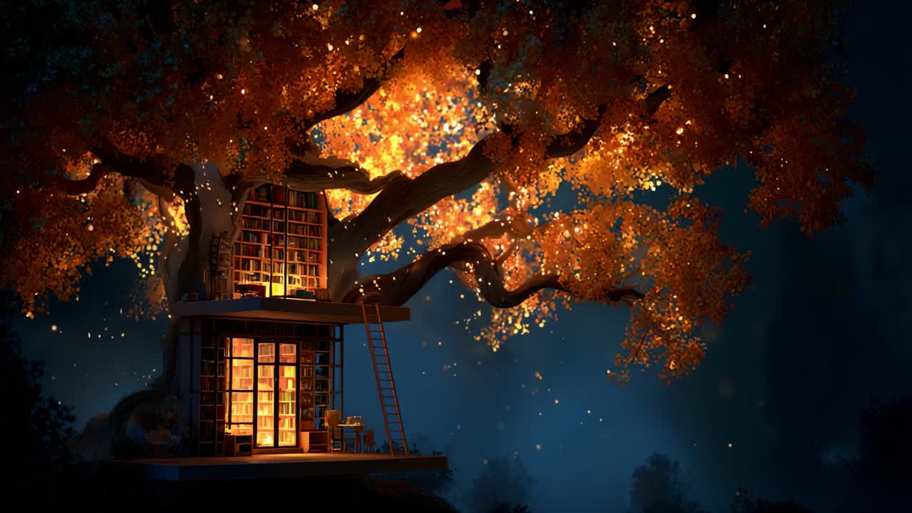 A Magical Treehouse Library Illuminated by Glowing Leaves: Enchanting Scene of Cozy Reading Space Nestled in an Autumn Tree, Perfect for Literary Adventures at Night