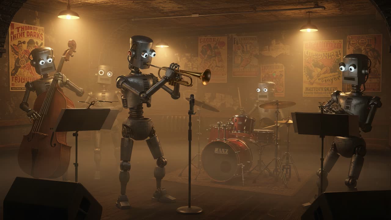 An Enthusiastic Robot Band Performing Live in a Vintage Atmosphere, Captivating the Audience with Their Uniquely Crafted Instruments and Glowing Eyes