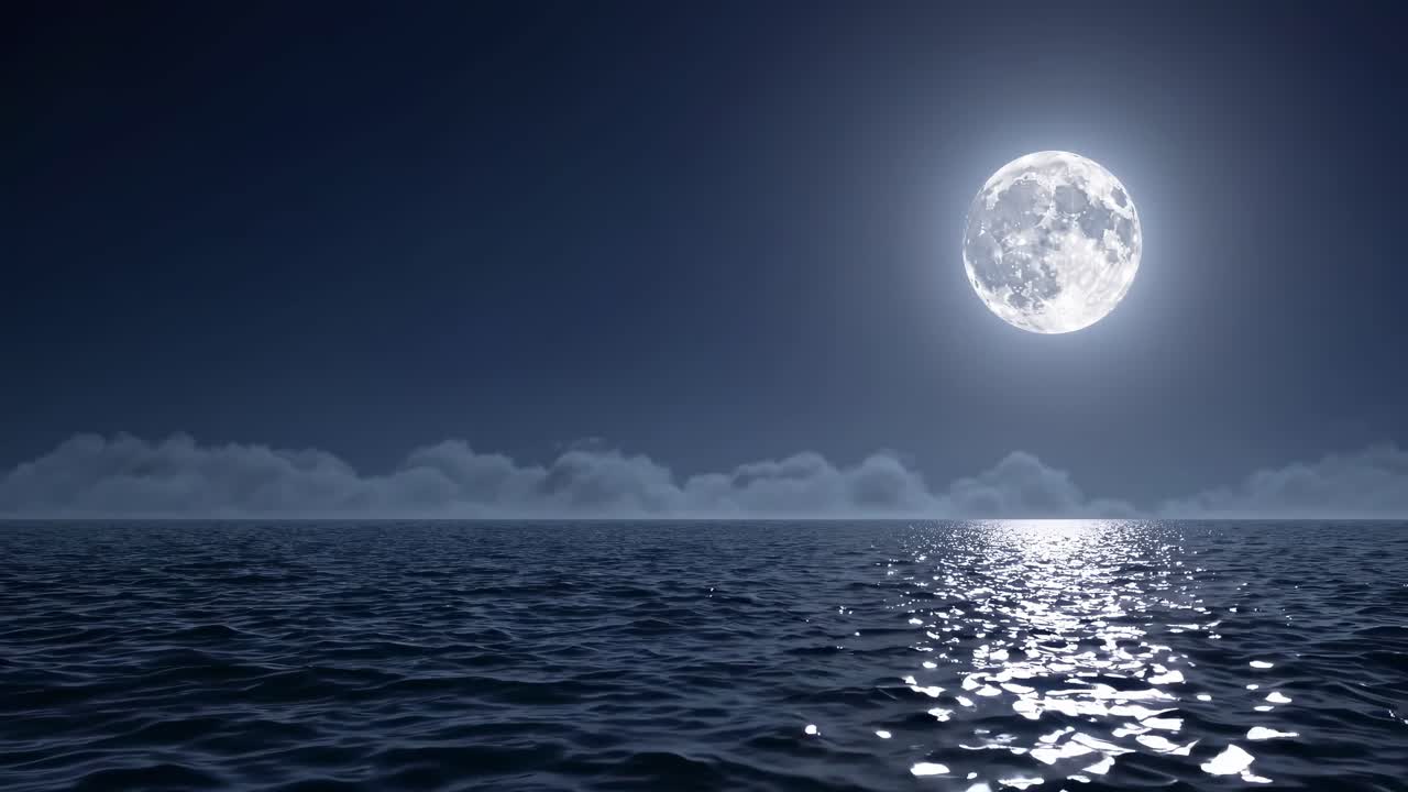 A serene night scene video with a full moon reflecting on calm ocean waters