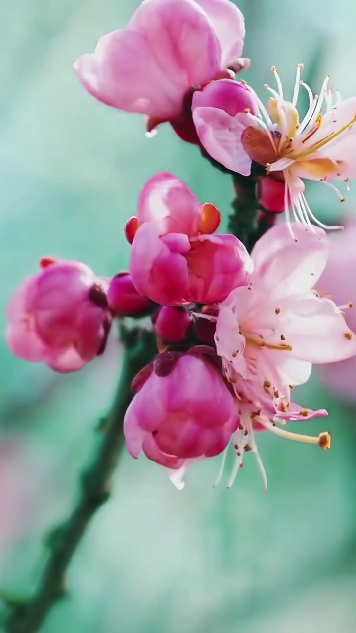 Time-lapse di fiori di prugno rosa che si aprono su un ramo
