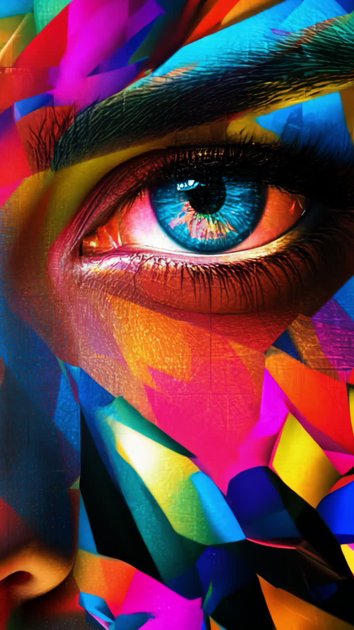 A colorful face with blue eyes and a pink nose