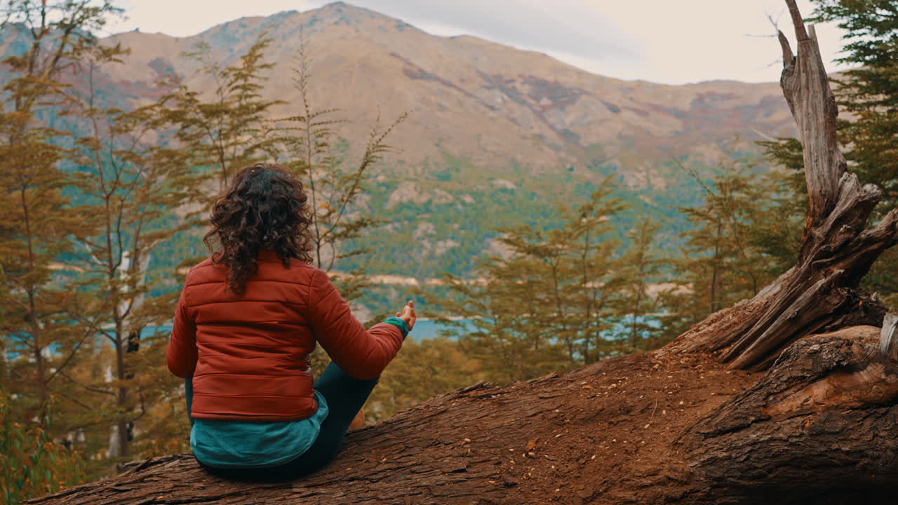 Dağ ve Göl Manzaralı Devrilmiş Bir Ağaç Gövdesinde Meditasyon Yapan Kadın