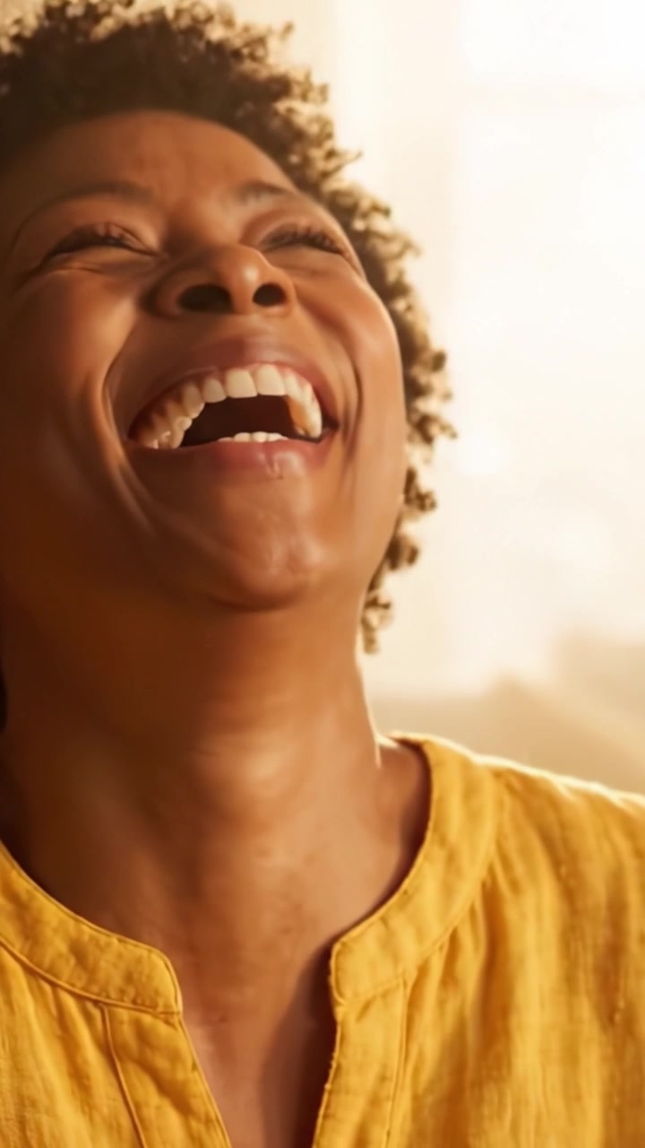 A Wonderful Moment of Joy: Capturing the Radiant Smile and Happiness of a Woman with Curly Hair in a Bright Yellow Top Against a Soft Background