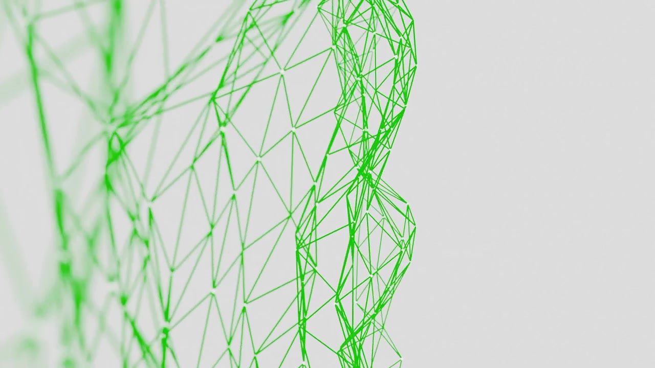 Abstract green wireframe geometric structure on a white background. Digital 3D polygonal network visualization. Technology and science concept for design and vertical