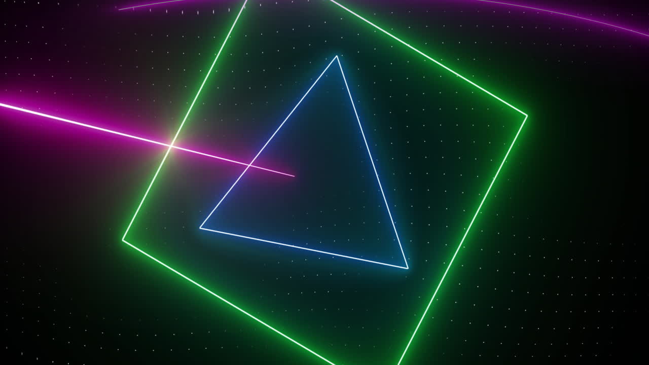 Neon shapes gliding over dotted grid, showing magenta neon circle, green neon square emitting beam