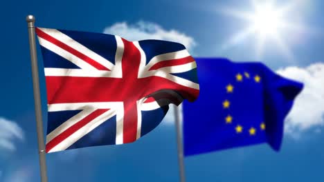 la bandera de la unión y la bandera europea ondeando contra el cielo