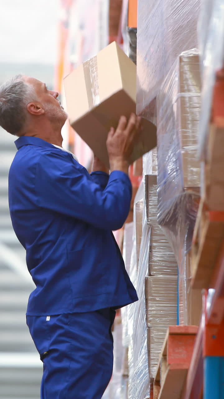 Male warehouse worker using ladder to arrange cardboard box
