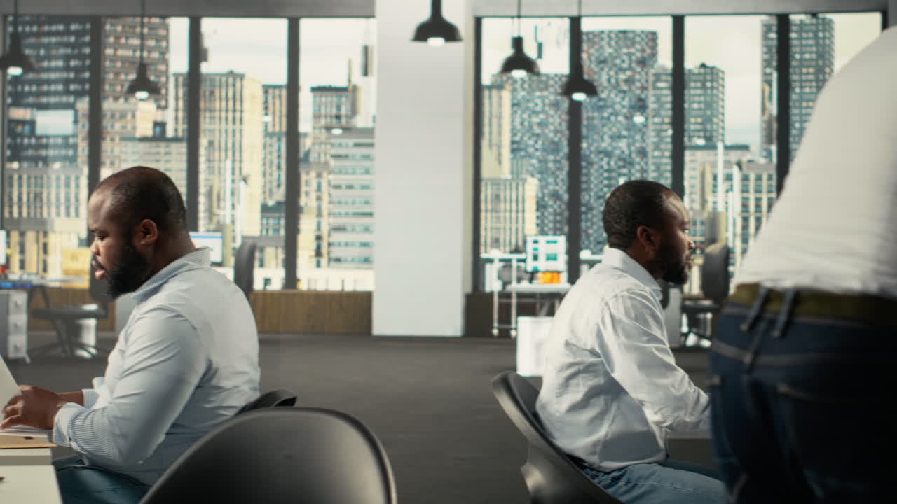 Professional manager leads colleagues through business intel