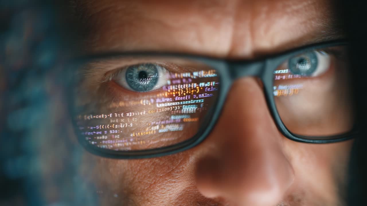 Intense Focus: A Close-Up of a Coder Analyzing Complex Code Reflections in Glasses, Showcasing the Intricate World of Programming and Digital Innovation
