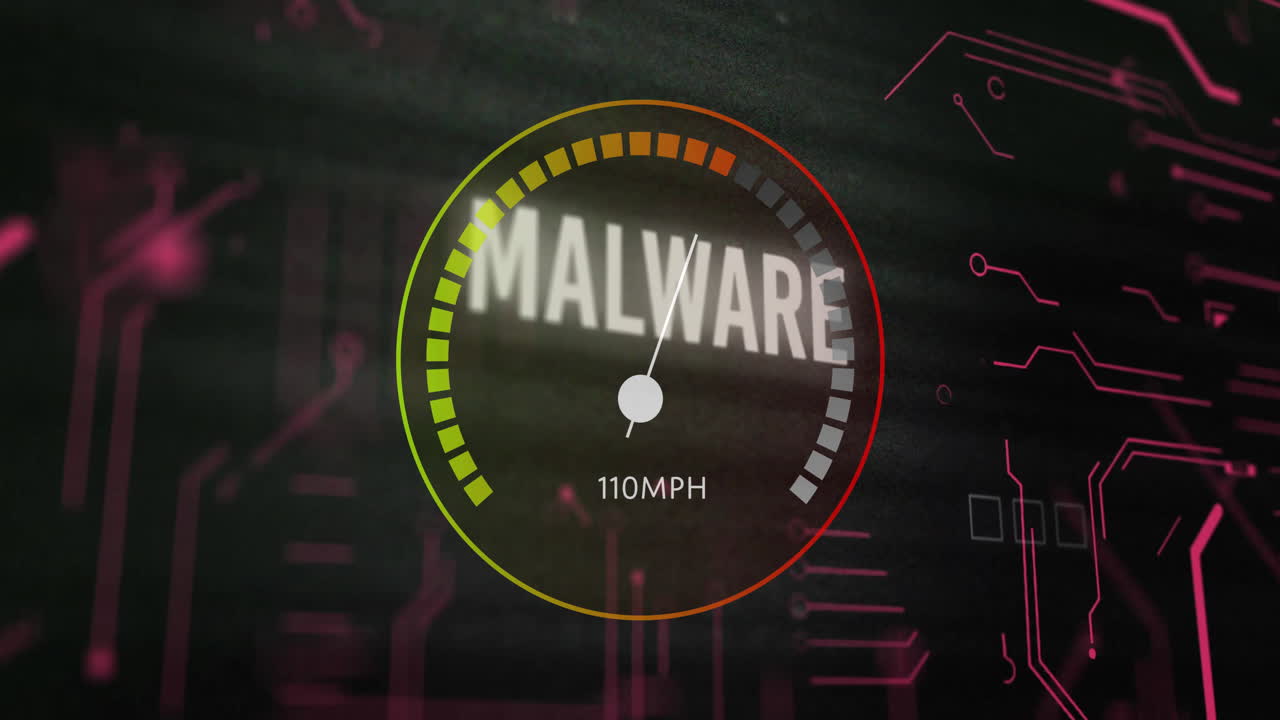 animación del velocímetro sobre texto de malware y procesamiento de datos