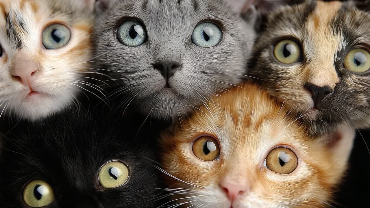 Un commovente raduno di adorabili gattini: Volti multicolori catturati in un affascinante primo piano.