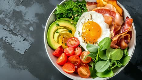 nutritious and colorful keto breakfast bowl featuring a fried egg, crispy bacon, fresh avocado slices, ripe cherry tomatoes, and vibrant mixed greens