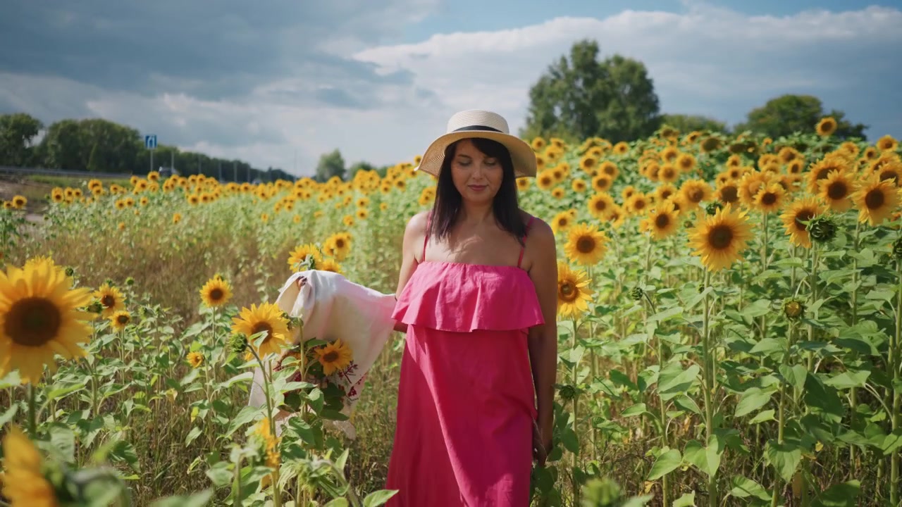 Primo piano di una donna in abito rosa e cappello in piedi tra i girasoli, che tiene un panno ricamato. La scena presenta vivaci fiori gialli, fogliame verde, alberi distanti sotto un cielo parzialmente nuvoloso.