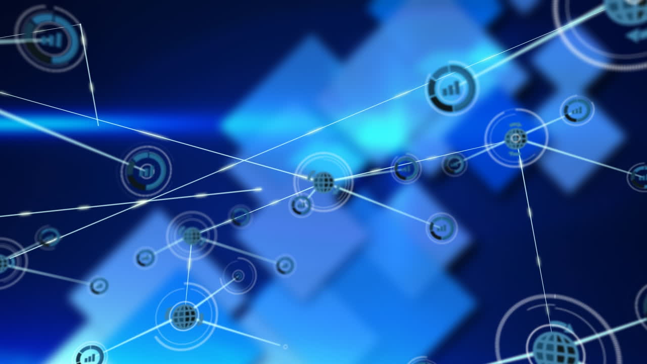 animación de la red de conexiones con iconos sobre formas sobre fondo azul