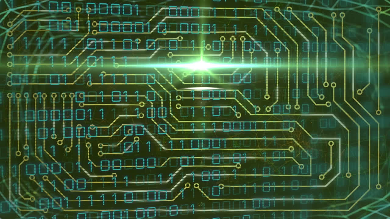 컴퓨터 회로판 위의 빛 트레일의 애니메이션과 검은 바탕의 데이터 처리