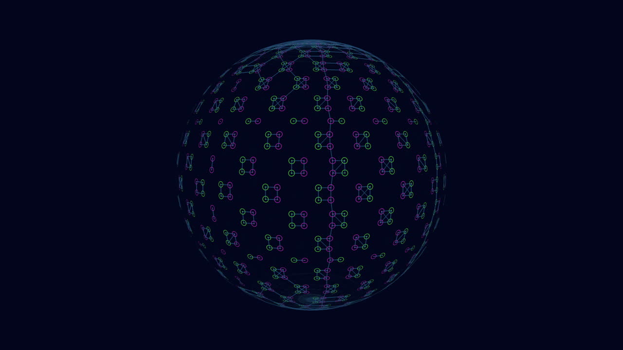 Interconnected line network sphere floating in dark background