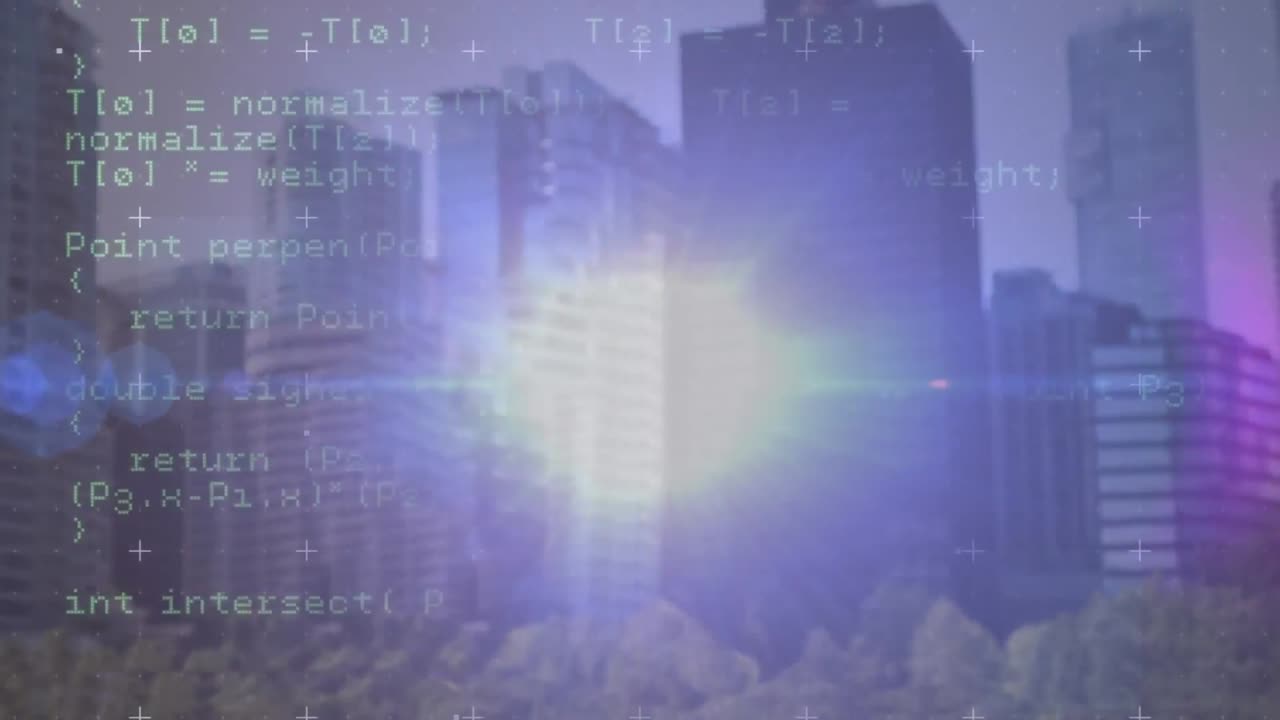 Animation of bright light spot and data processing against tall buildings