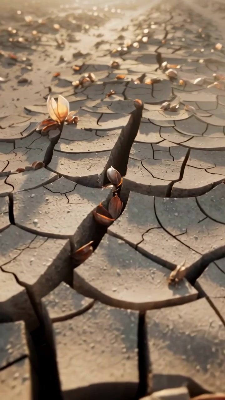 Video verticale: Telecamera che si muove bassa rivelando argilla screpolata sotto il sole caldo per mostrare semi e fiori.