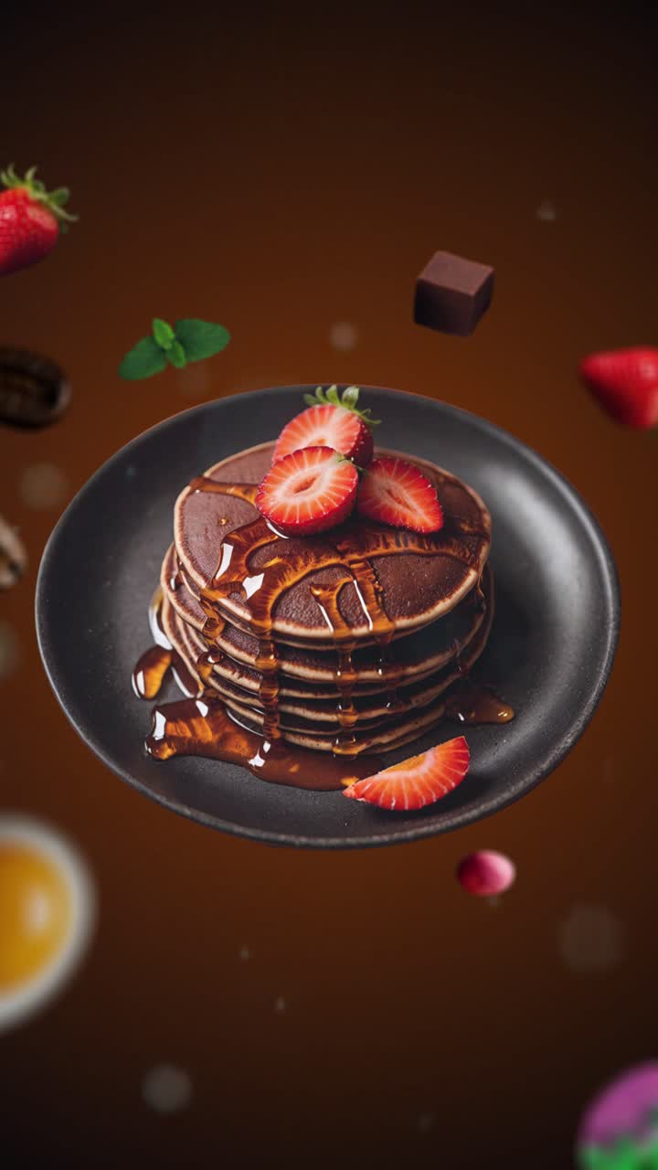Chocolate Protein pancakes with honey Animation intro for advertising or marketing on dark orange background for restaurants with the ingredients flying in the air - vertical add price or sale