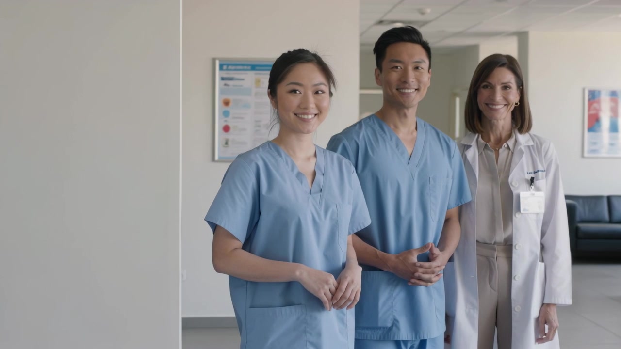 움직이는 카메라가 스크럽복과 실험복을 입은 세 명의 병원 직원이 인물 사진을 위해 함께 서 있는 모습을 촬영한다.