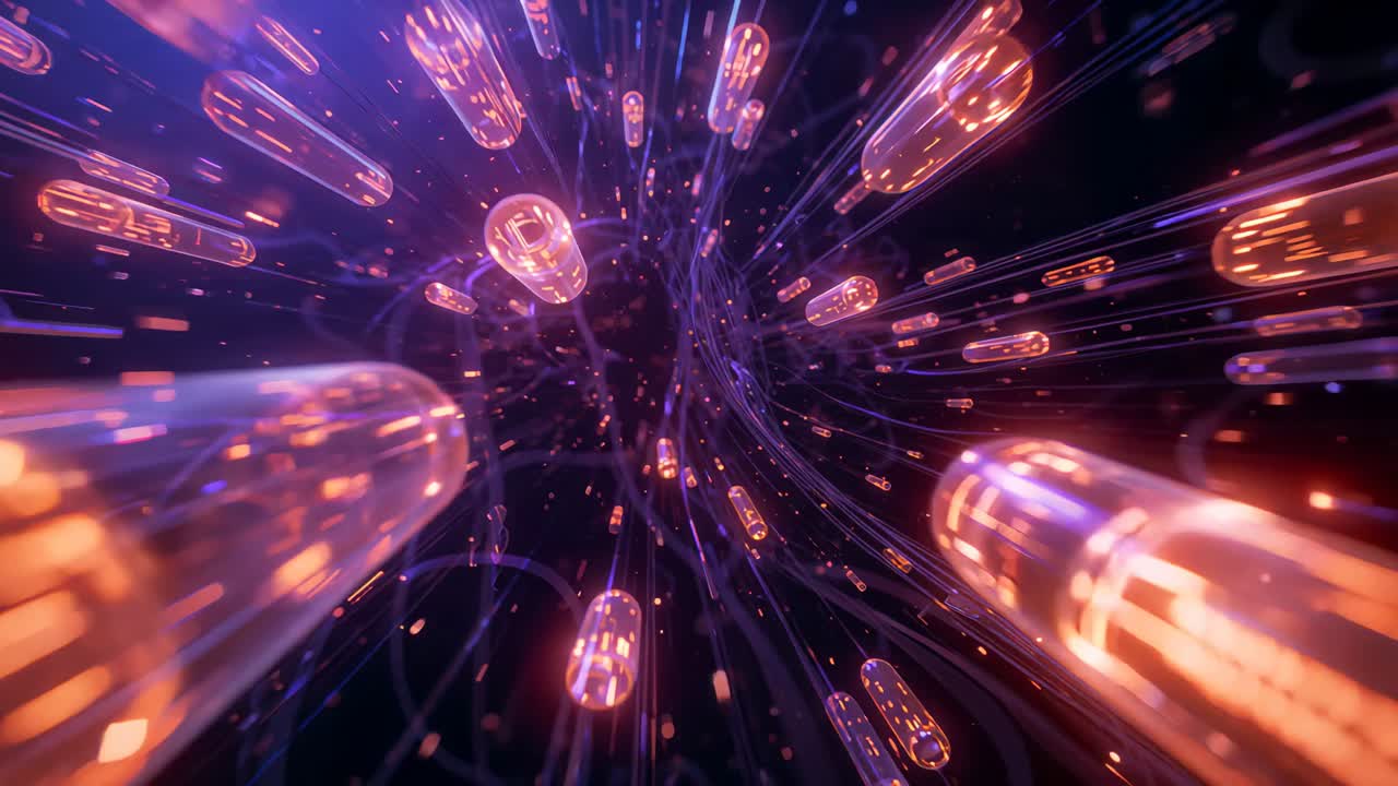 Accelerating camera moving through digital tunnel, revealing glowing capsules and purple filaments