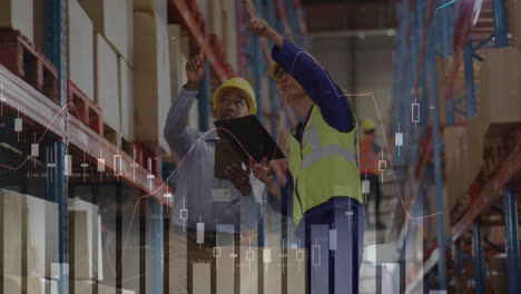 animation of statistic charts over diverse male workers in warehouse