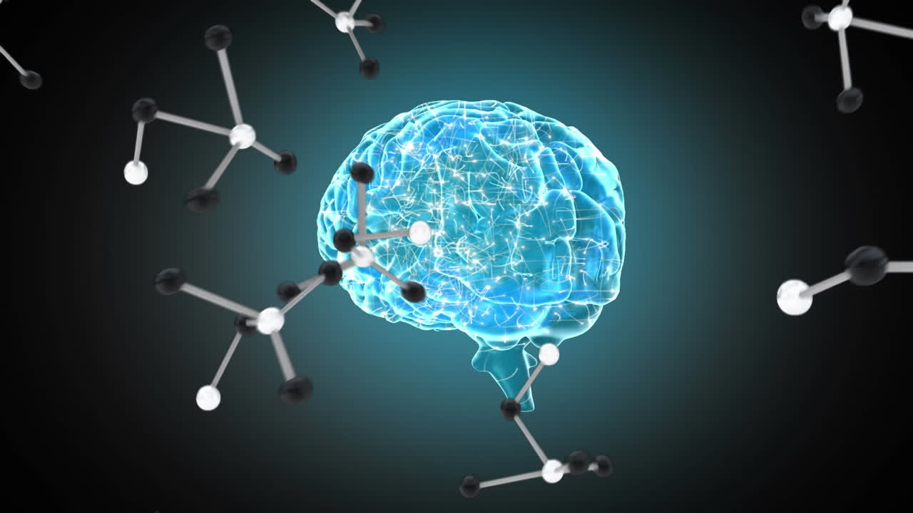 animación digital de estructuras moleculares contra el cerebro humano girando sobre un fondo gris