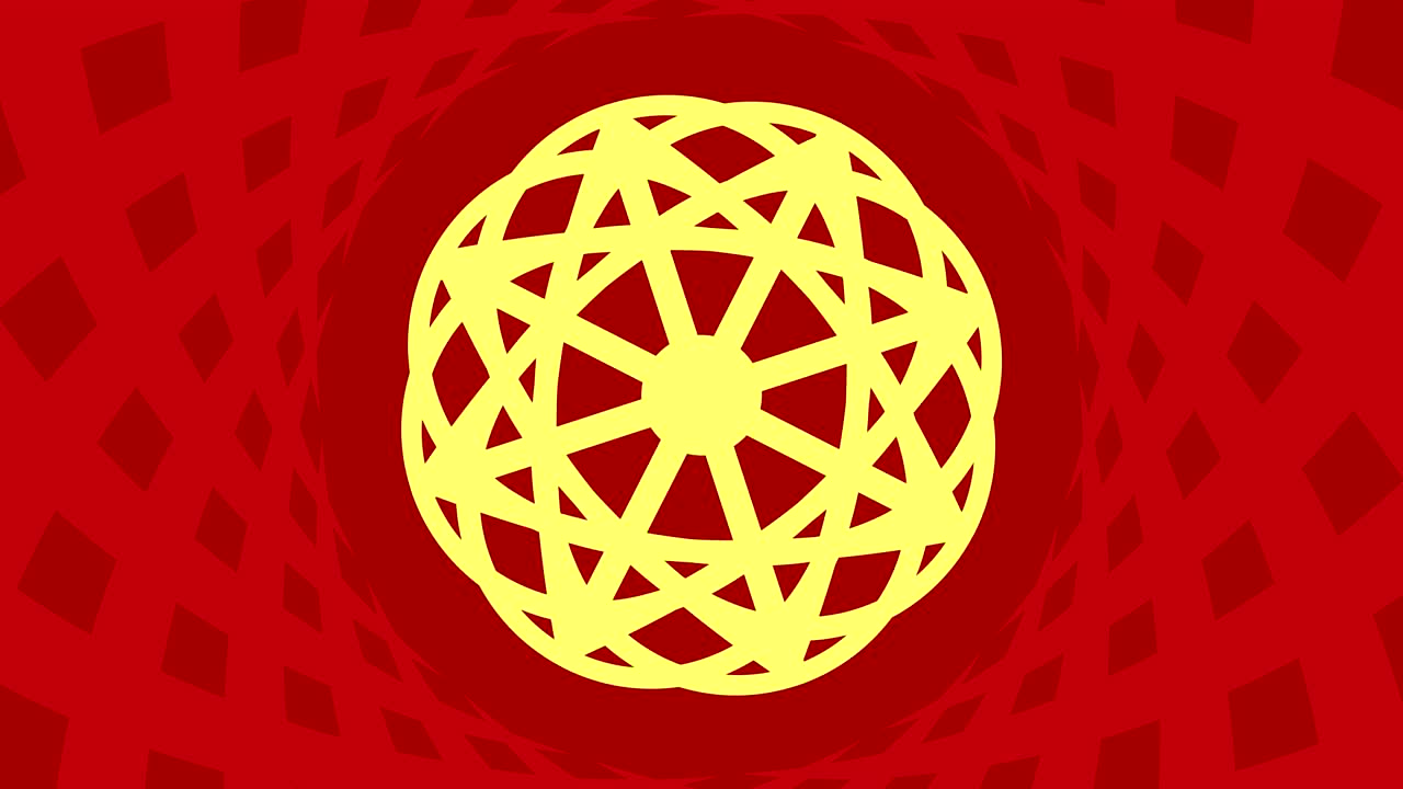 중앙에서 회전하는 그래픽 객체, 그래픽 프레임 내에서 크기를 증가시키고 감소시키며, 배경이 빠르게 색을 바꾸면서 사이키델릭 효과를 만들어 16: 9 비디오 형식