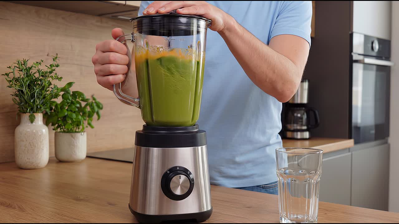 En person blender en fersk fruktsmoothie på kjøkkenet ved hjelp av en elektrisk blender med ingredienser i en gjennomsiktig beholder.