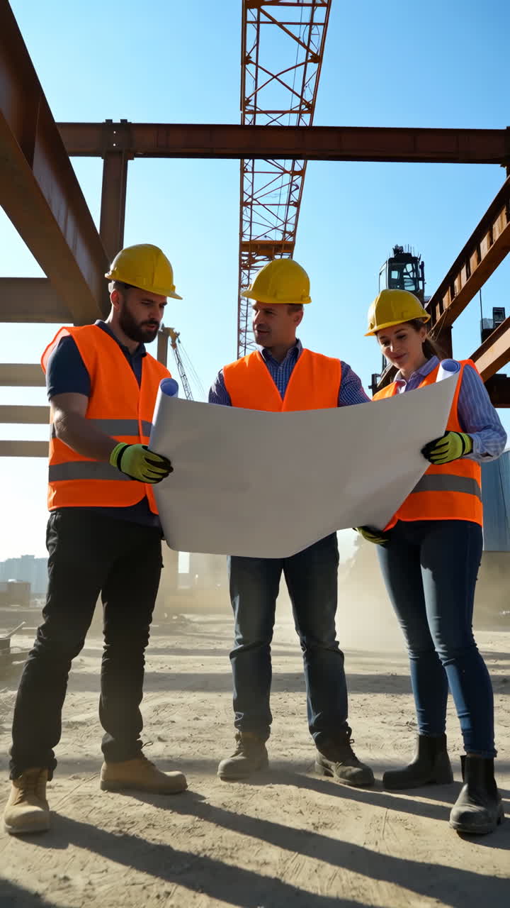 Construction Workers Reviewing Blueprints at a Building Site