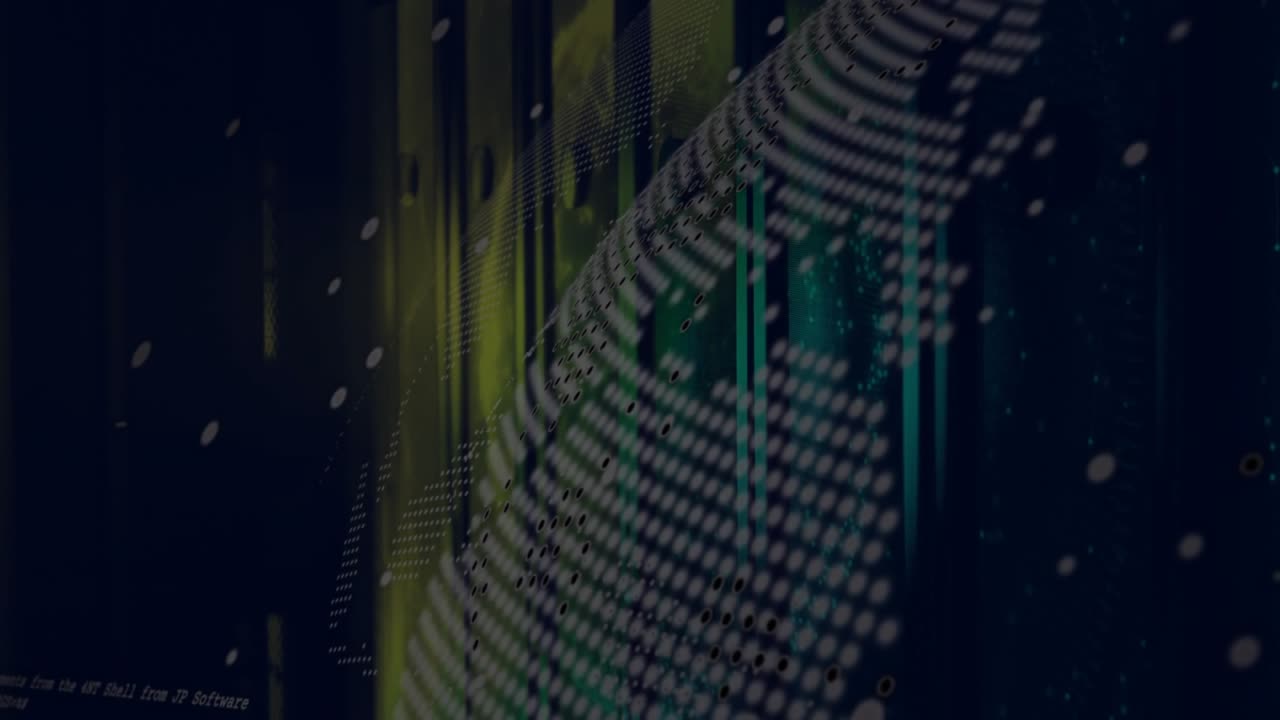 Sliding data bars, rotating digital globe, binary stream forming dot grid mapping global data