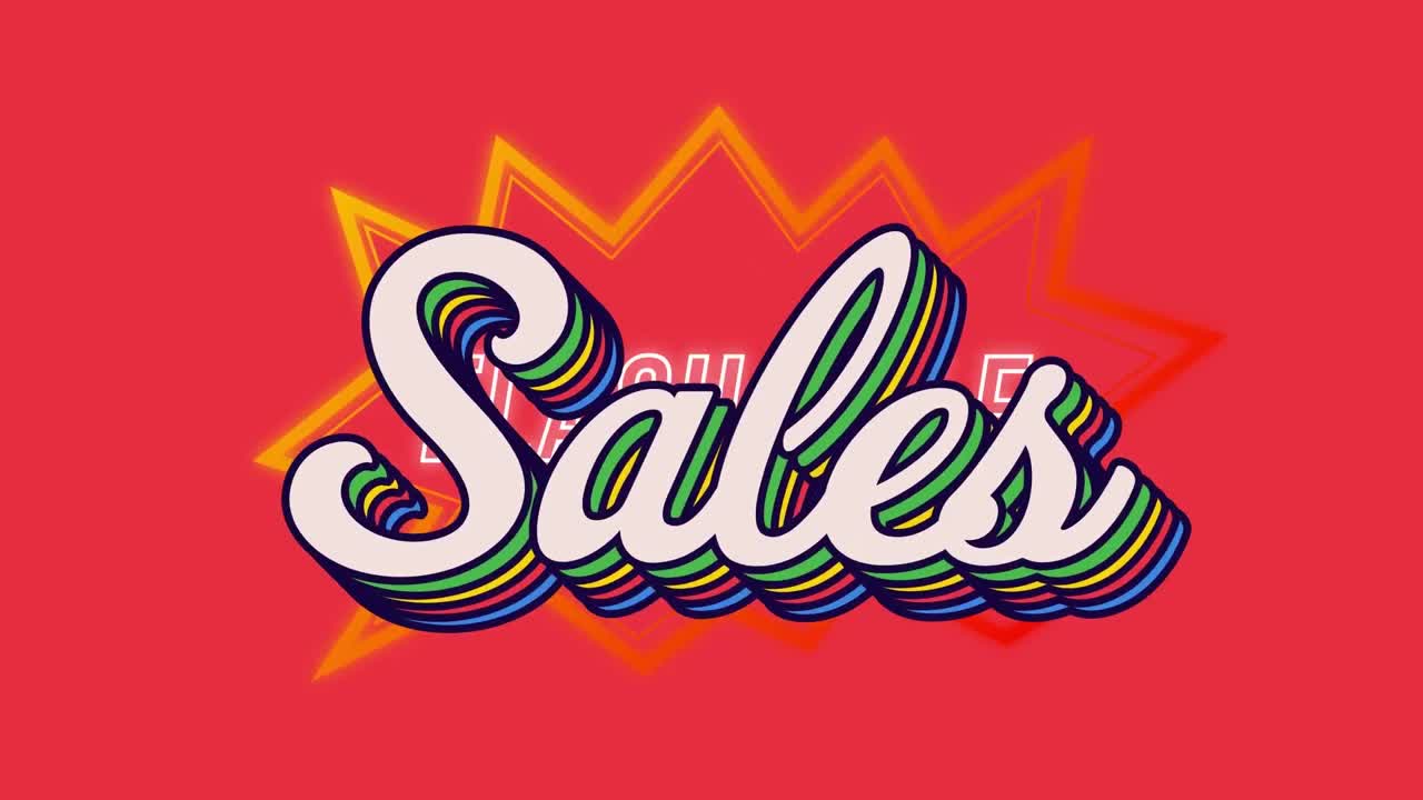 animación de colorido texto de ventas con patrón de zigzag contra fondo rojo.