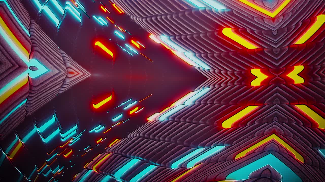 Zářivý neonový abstraktní digitální futuristický iluzorní svět. 4K 3D renderování, plynulá smyčka. Odraz a splynutí modro-oranžového digitálního hi-tech maticového světa pro VJ DJ smyčku, titulek, přechod, intro.