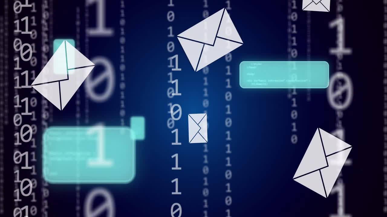 анимация двоичного кодирования, иконы конвертов и обработка данных.