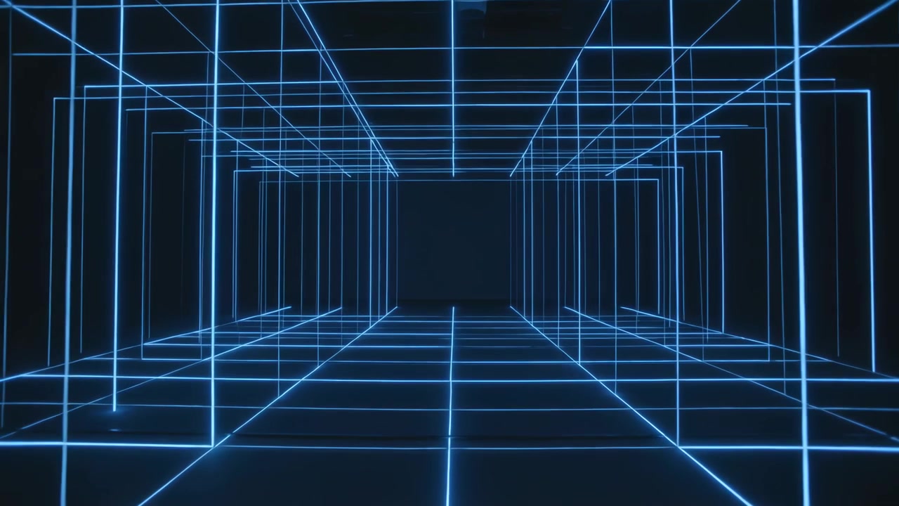 Starting inward motion, neon-blue grid corridor moving toward vanishing point, creating loop travel