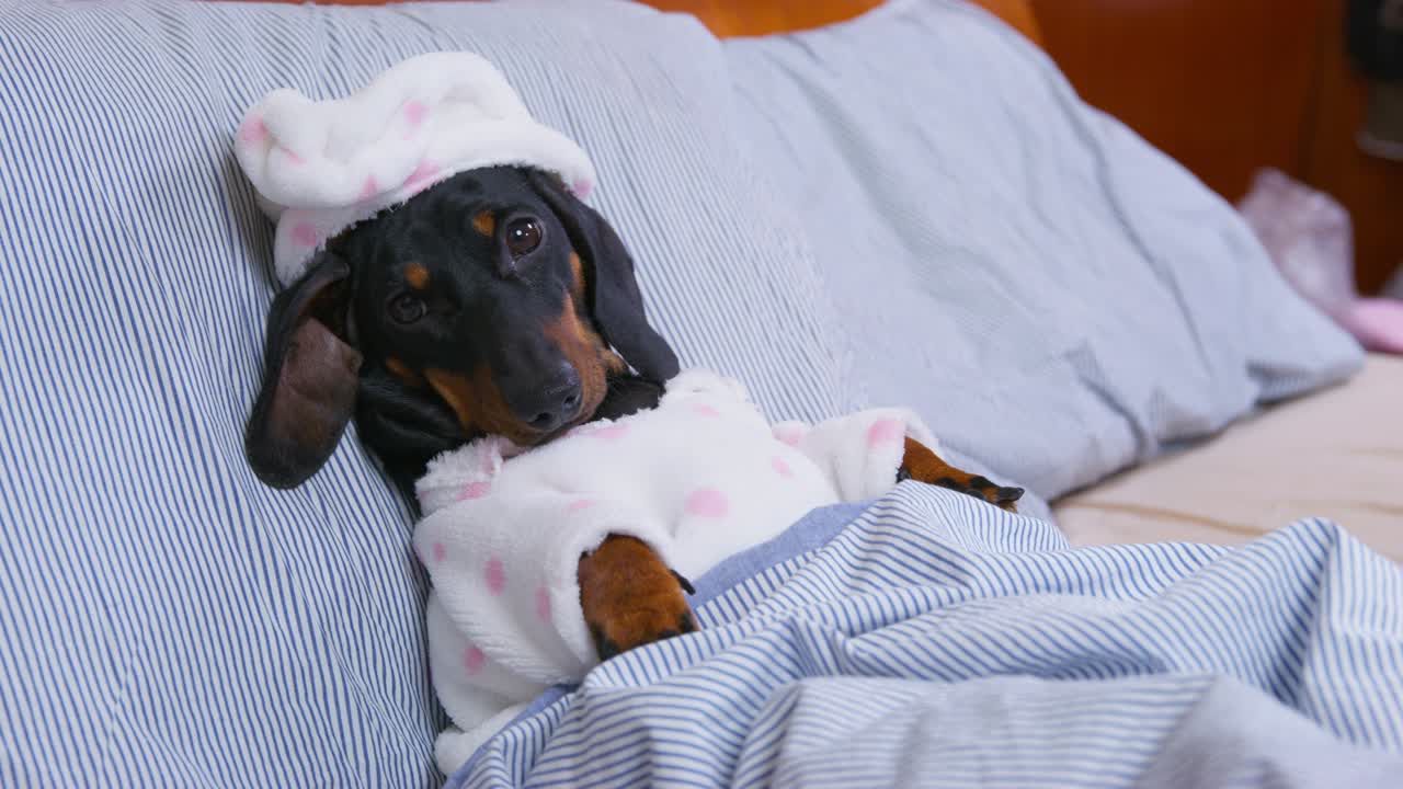 Lovely dachshund puppy in cute soft pajamas with cap is lying in bed under warm blanket, just waking up or going to sleep, top view. Home clothes for pets.