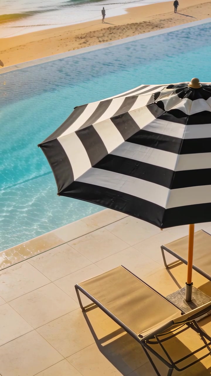 Vertical video: Swaying umbrella shading chair on deck as breeze rippling pool, walkers for leisure