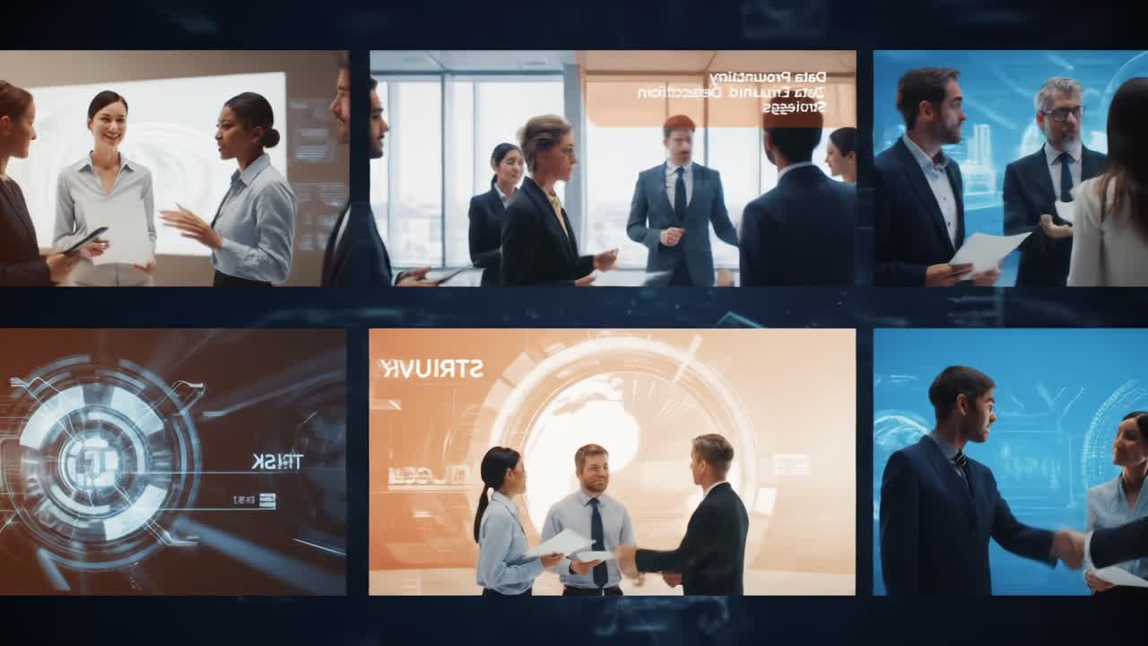Dynamic Business Meeting with Modern Technology: Professionals Collaborate, Analyze Data, and Foster Trust in a High-Tech Corporate Environment