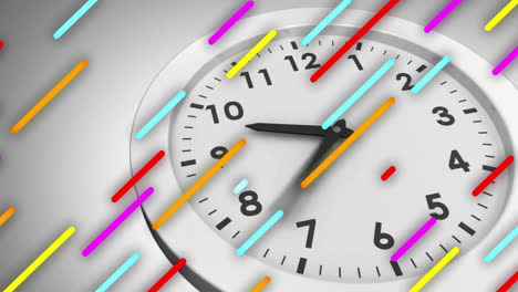 colorful diagonal lines and clock animation over school background showing time
