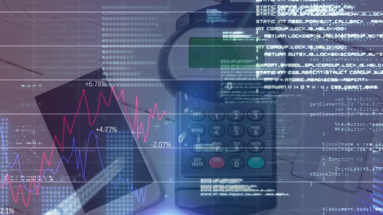 animación del procesamiento de datos financieros a través de terminales de pago y teléfonos inteligentes
