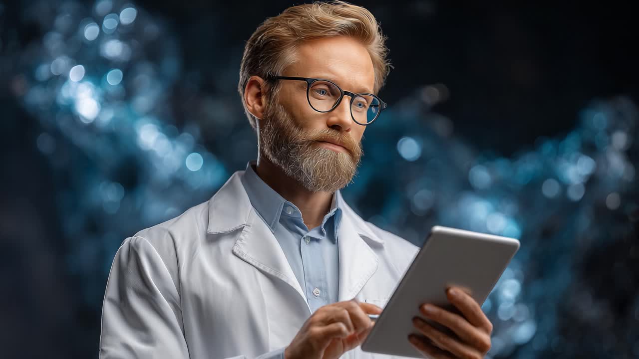 En eftertænksom videnskabsmand, der analyserer data på en tablet: udforsker innovation og forskning med en moderne tilgang til videnskab og teknologi.