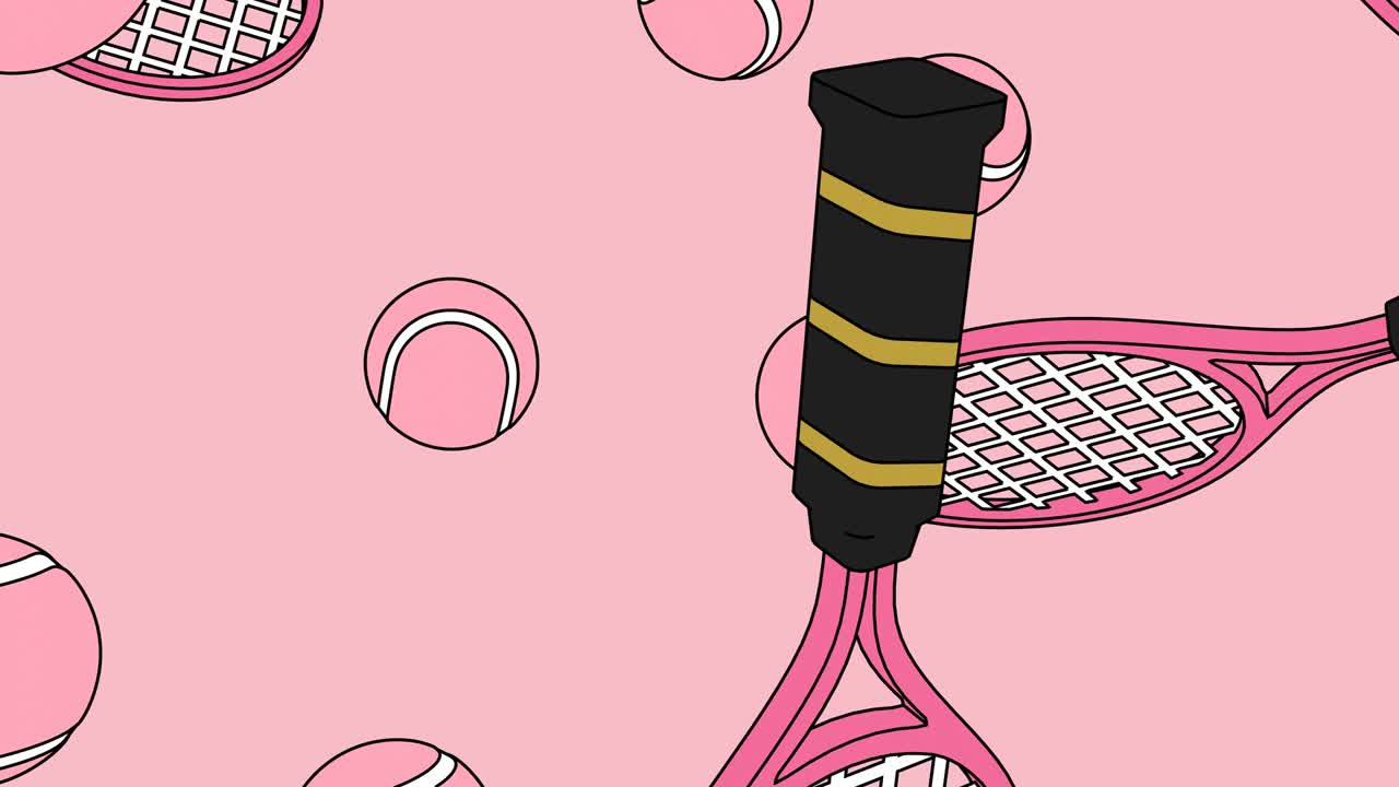 분홍색 바탕에 분홍색 테니스 공과 테니스 라켓.