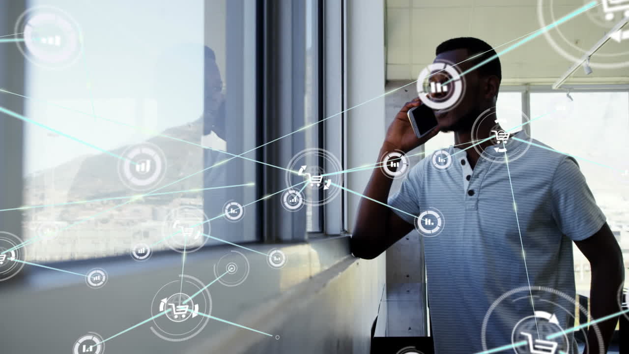 animación de un hombre afroamericano hablando en un teléfono inteligente a través de una red de conexiones con iconos