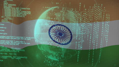 indian flag with digital data and binary code overlaying globe animation