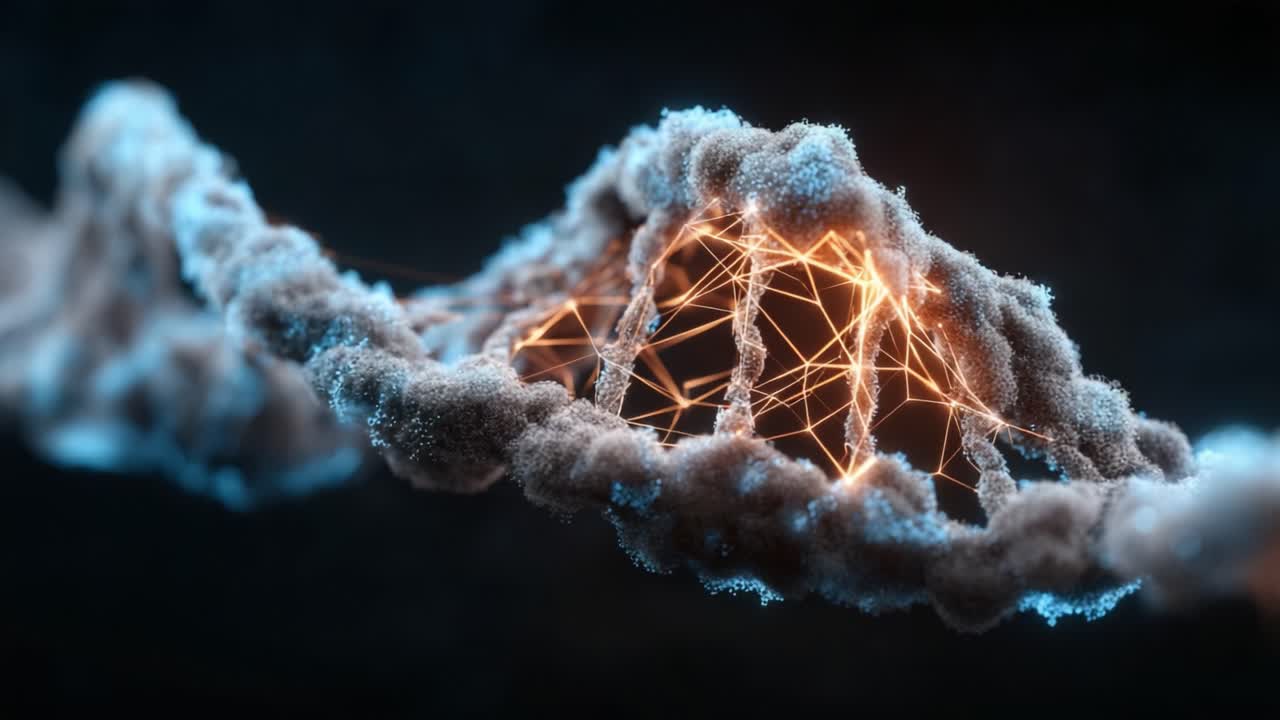 Exploring the Intricacies of DNA: A Stunning Visualization of Genetic Structures Illuminated with Ethereal Connections and Glowing Nodes in a Cosmic Background